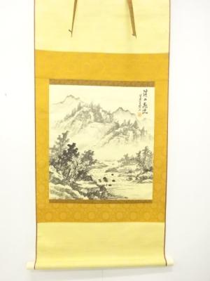 錦山筆　渓山清流　水墨山水　肉筆絹本掛軸